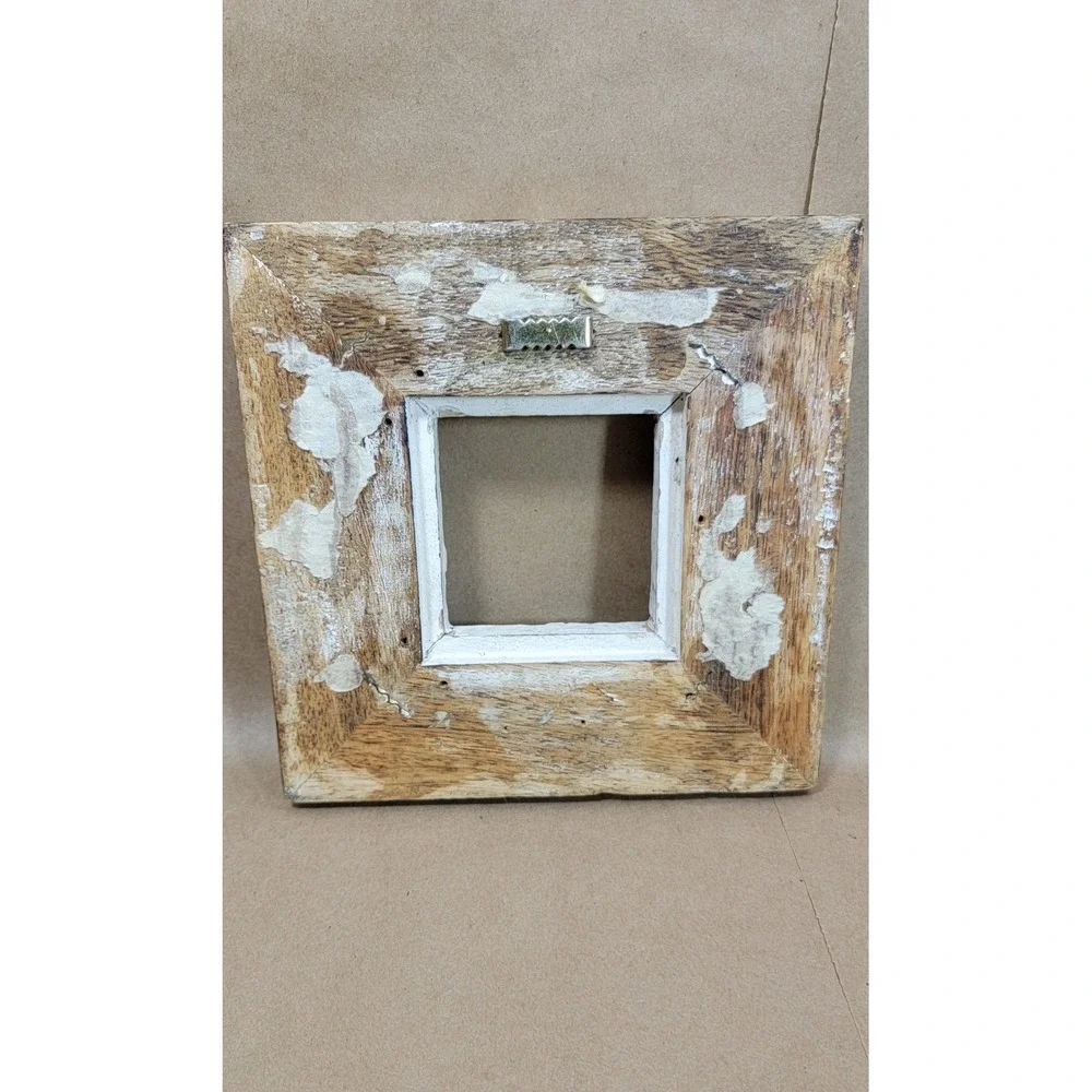 Hand Carved Floral Wood Picture Frame Square Whitewash Boho Rustic 6.5x6.5